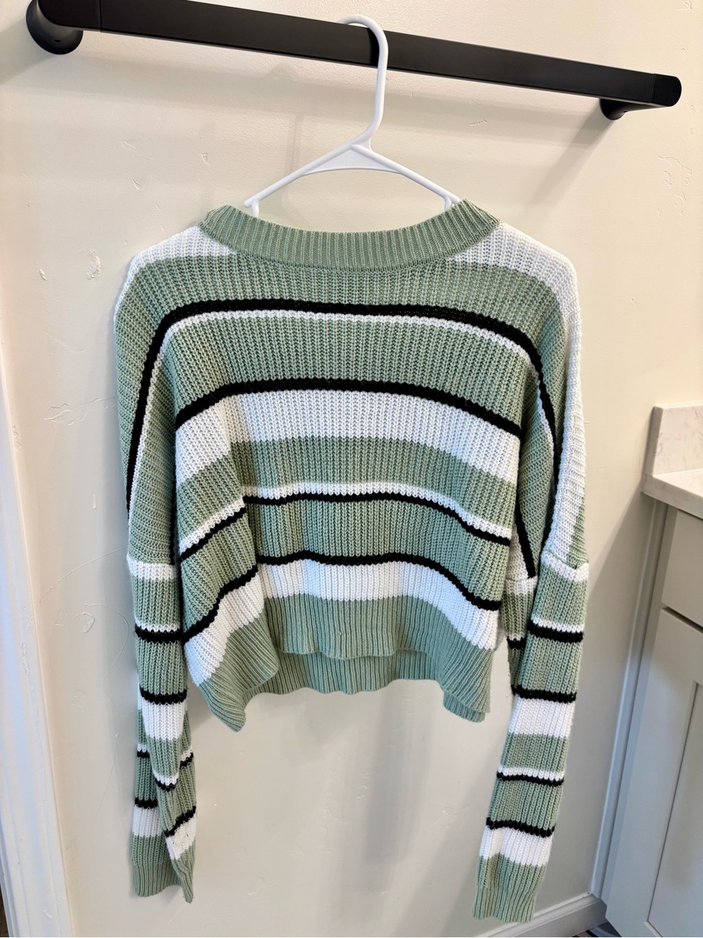 Princess Polly Sage Green, White & Black Striped Cropped Sweater